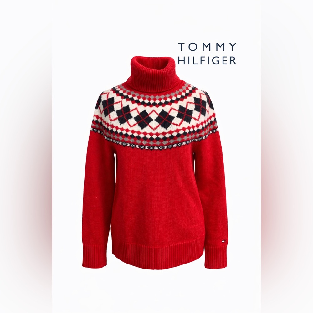 Tommy Hilfiger Red Fair Isle Turtleneck Sweater Nordic Argyle Knit Pullover